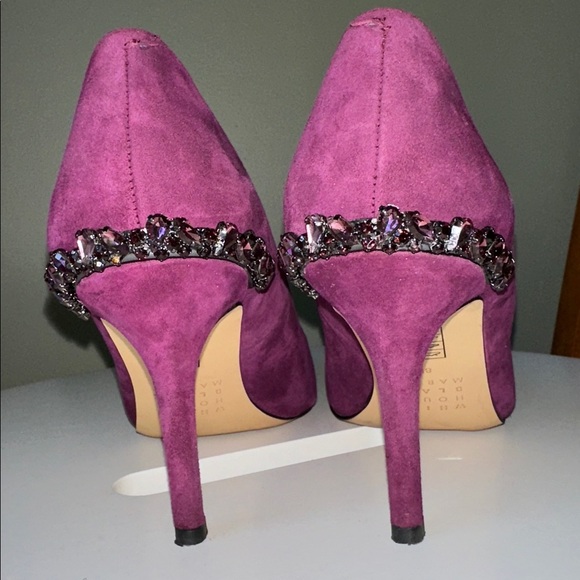 WHBM Rhinestone Embellished Suede Upper Heel Jewel Tone Plum Party Wedding Guest - Picture 12 of 17